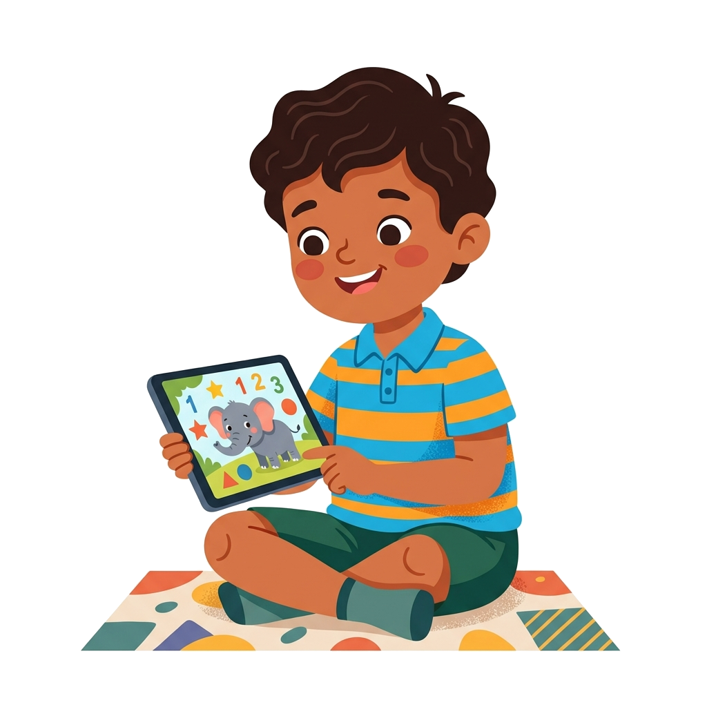 Indian kid learning with tablet and educational videos